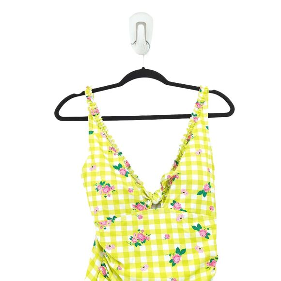 Betsey Johnson Women M Skirted Swimsuit Green White Gingham Plaid Floral 1 Piece - Picture 3 of 11